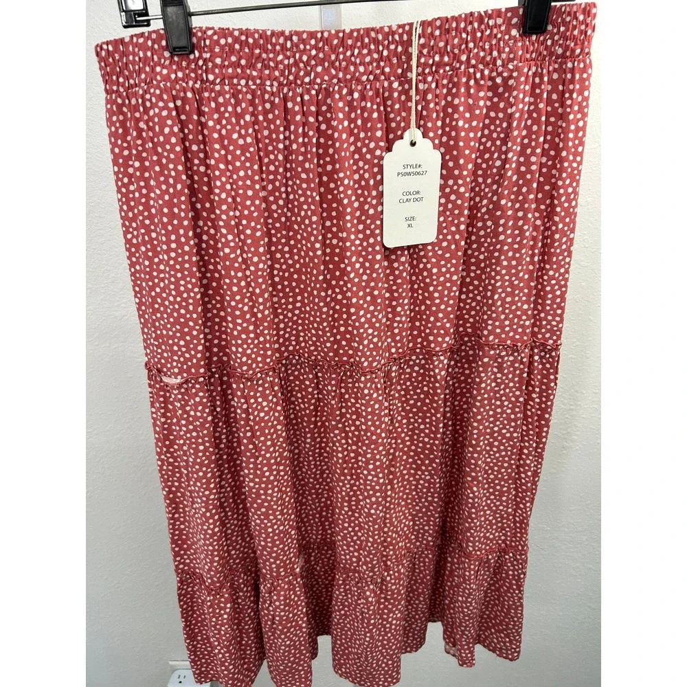 Pink Rose Clay Dot Polka Dot Tiered Maxi Skirt XL Elastic Waist PS0W50627‎ NEW